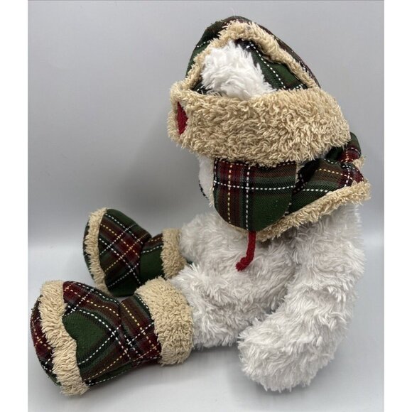 2011 Hugfun Int’l White/Green Teddy Bear Winter Hat Boots Scarf Plaid Holiday - Picture 7 of 16
